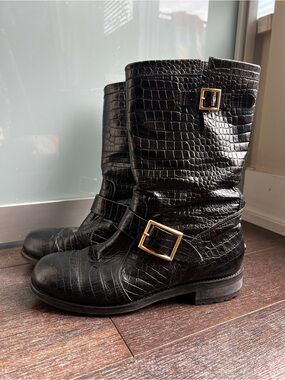 JIMMY CHOO Black Croc-Embossed Leather Mid-Calf Boots with Gold Buckles